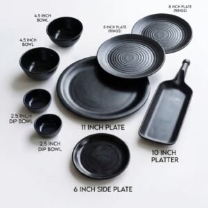 Black Crockery Set (9 Pieces) – Melamine & Plastic Mix | 11” Dinner Plate, 10” Platter, Quarter Plates, Bowls, Dip Bowls & Soup Plate | Lightweight & Durable Tableware Set